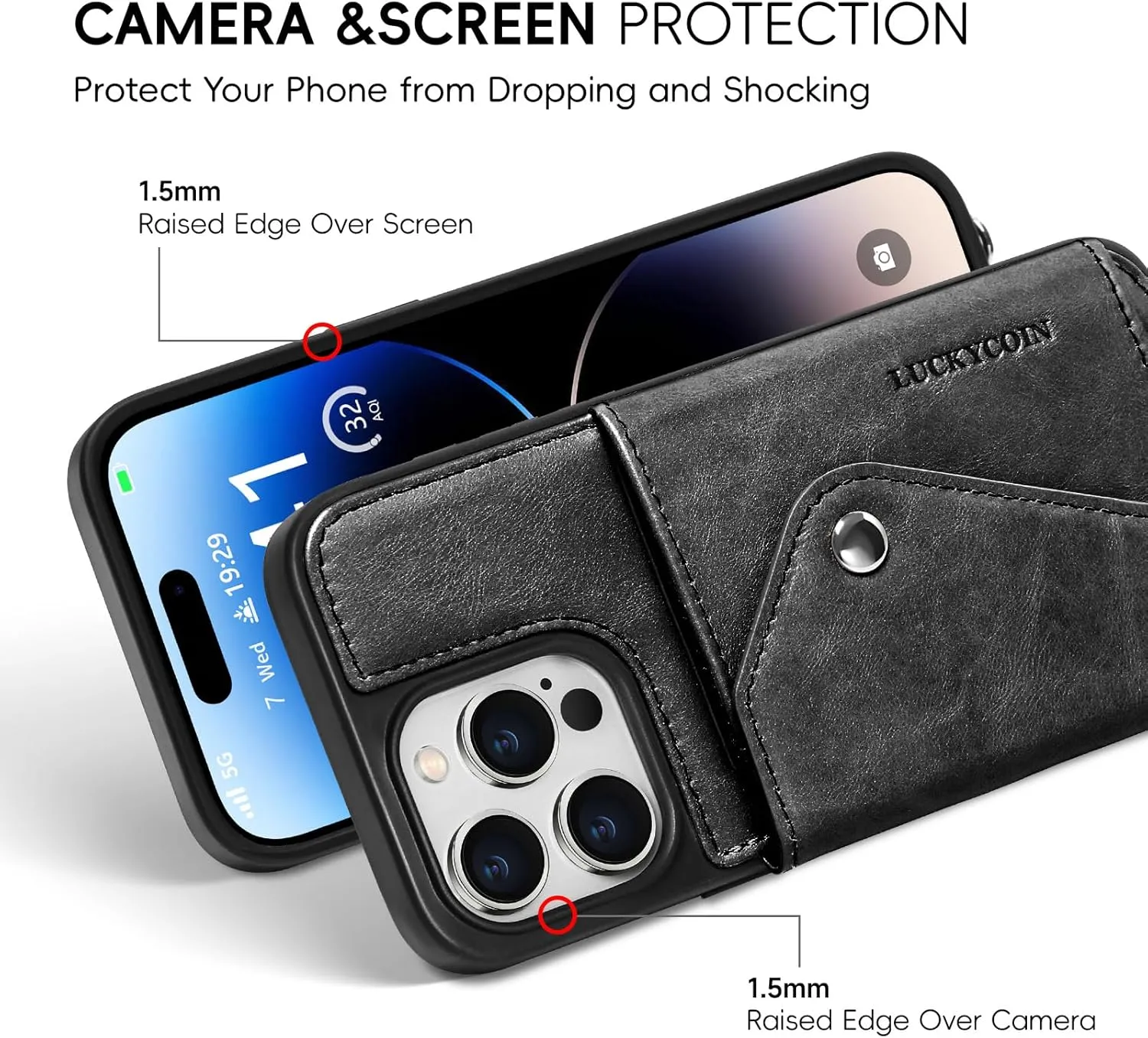 LUCKYCOIN for iPhone 14 Pro Max Case for Women,Crossbody Wallet Phone Case with Expandable Flip Card Holder,Genuine Leather Phone Purse with Strap,Compatible with iPhone 14 Pro Max 6.7" 2024 Black