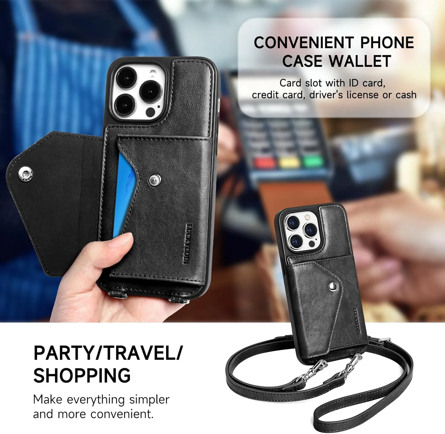 LUCKYCOIN for iPhone 14 Pro Max Case for Women,Crossbody Wallet Phone Case with Expandable Flip Card Holder,Genuine Leather Phone Purse with Strap,Compatible with iPhone 14 Pro Max 6.7" 2024 Black