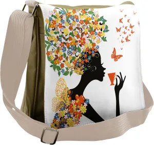 Lunarable Floral Messenger Bag, Woman with a Hot Tea Cup, Unisex Cross-body