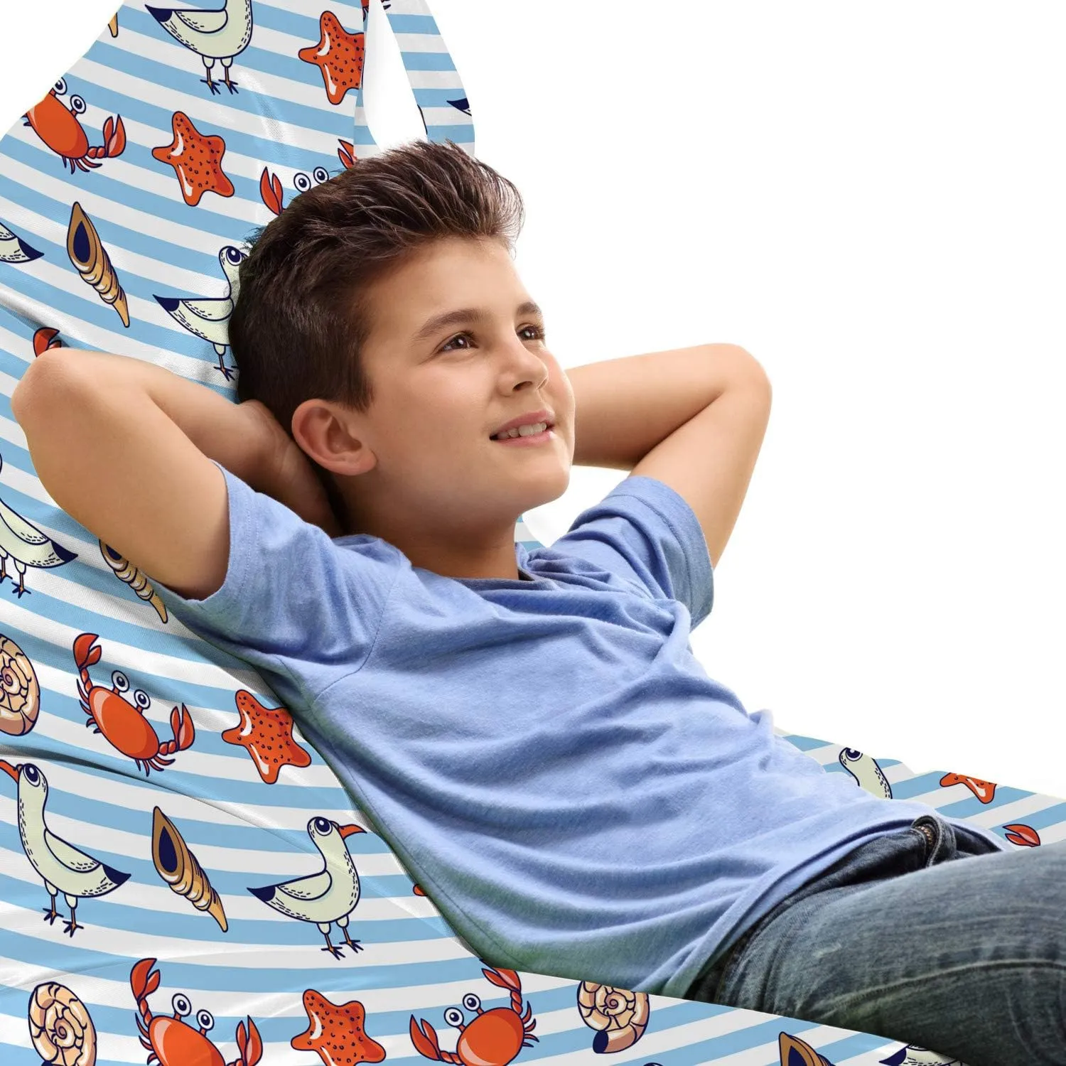 Lunarable Seagulls Lounger Chair Bag, Classical Nautical Striped Background with Cartoon Funny Seagulls Crabs and Shells, High Capacity Storage with Handle Container, Lounger Size, Multicolor