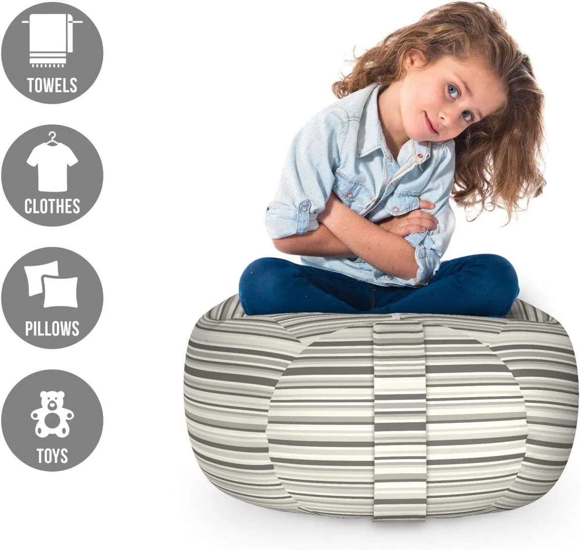 Lunarable Striped Storage Toy Bag Chair, Abstract Lines in Earthen Tones Simplistic Chevron Vain Uniform Ranks Blaze Print, Stuffed Animal Organizer Washable Bag, Small Size, Green Grey