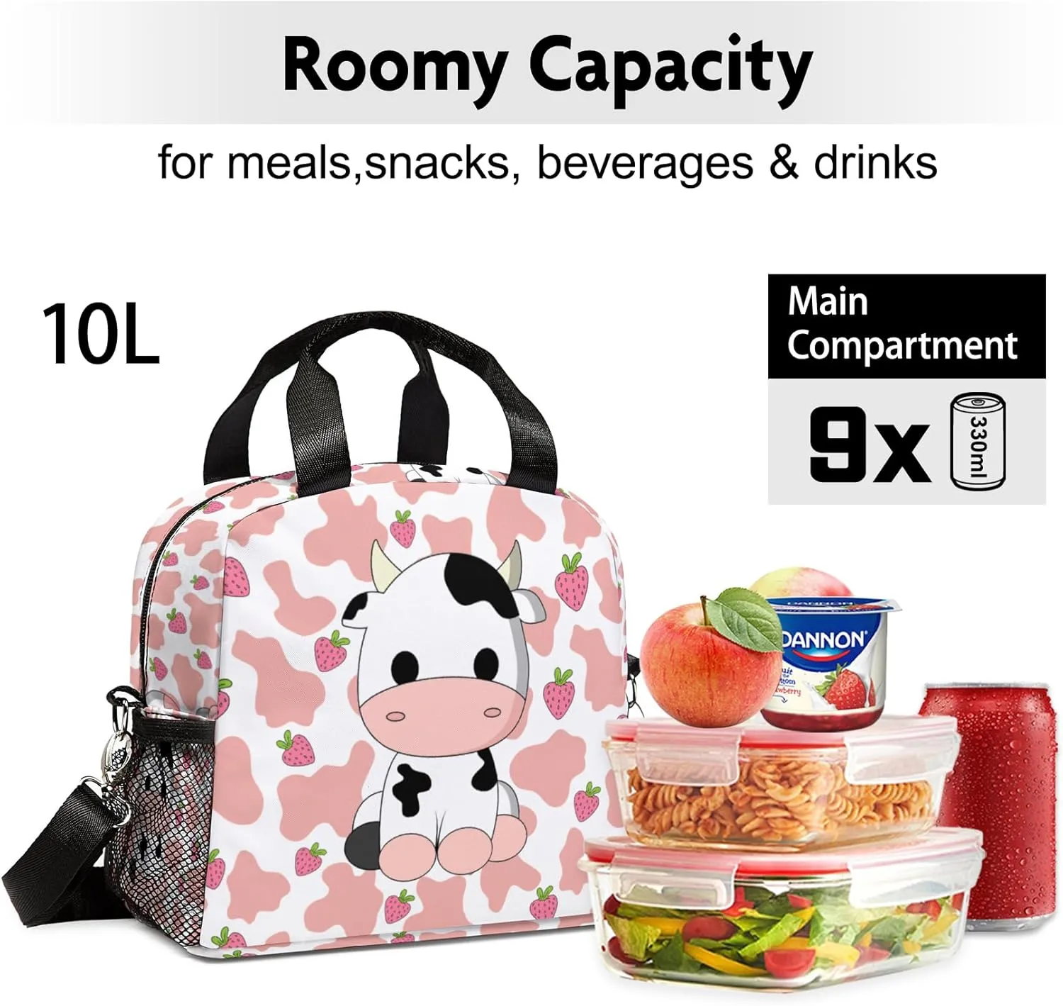 Lunch Bag for Kids, Pink Lunch Bags Insulated Cow Lunch Box With Adjustable Shoulder for Girls Women,Small Reusable Lunch Bags for Work School