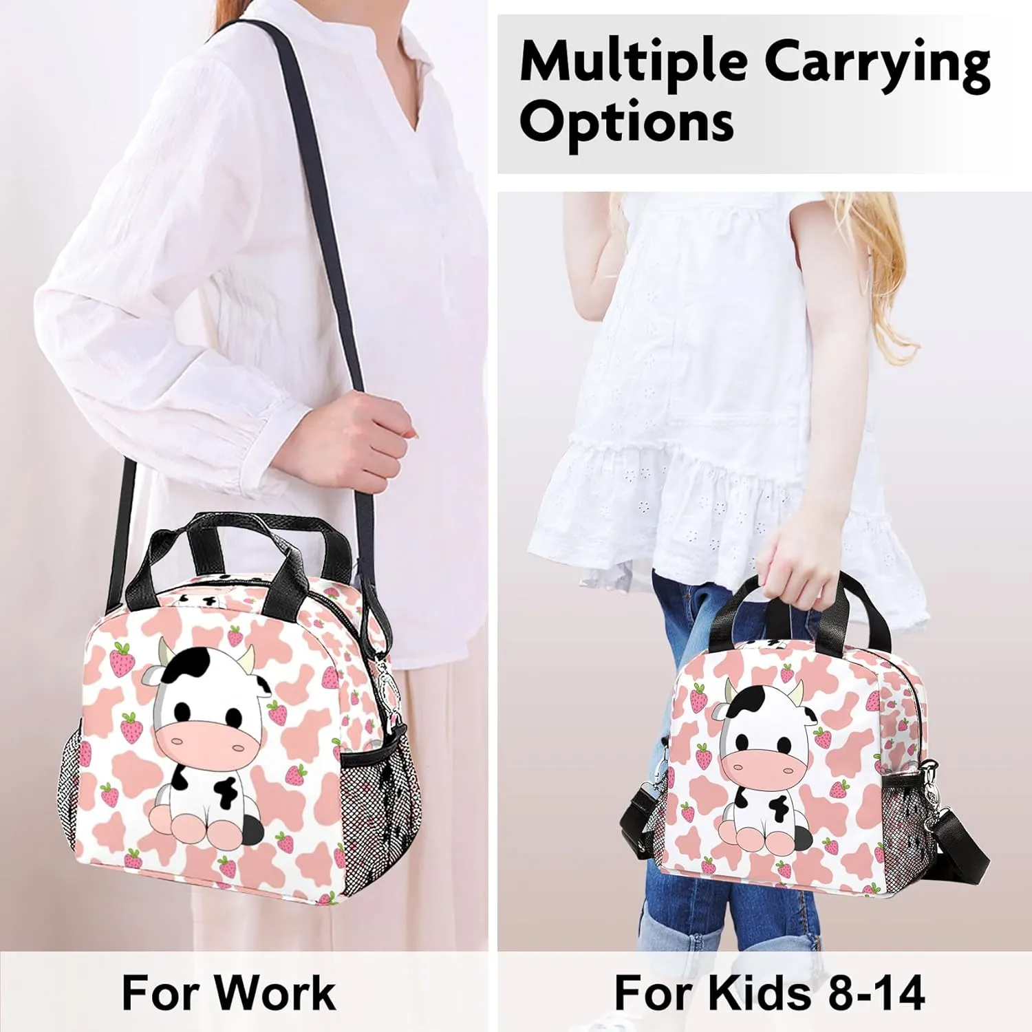 Lunch Bag for Kids, Pink Lunch Bags Insulated Cow Lunch Box With Adjustable Shoulder for Girls Women,Small Reusable Lunch Bags for Work School