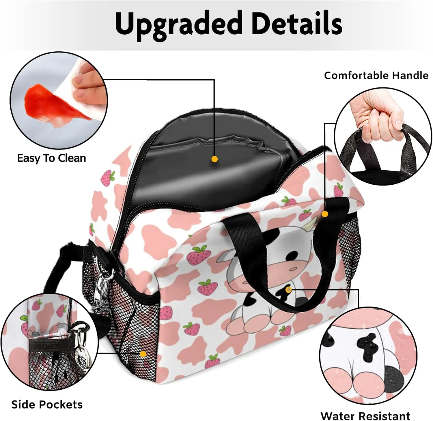 Lunch Bag for Kids, Pink Lunch Bags Insulated Cow Lunch Box With Adjustable Shoulder for Girls Women,Small Reusable Lunch Bags for Work School