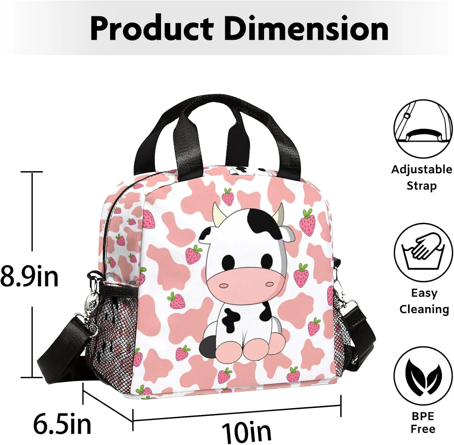 Lunch Bag for Kids, Pink Lunch Bags Insulated Cow Lunch Box With Adjustable Shoulder for Girls Women,Small Reusable Lunch Bags for Work School