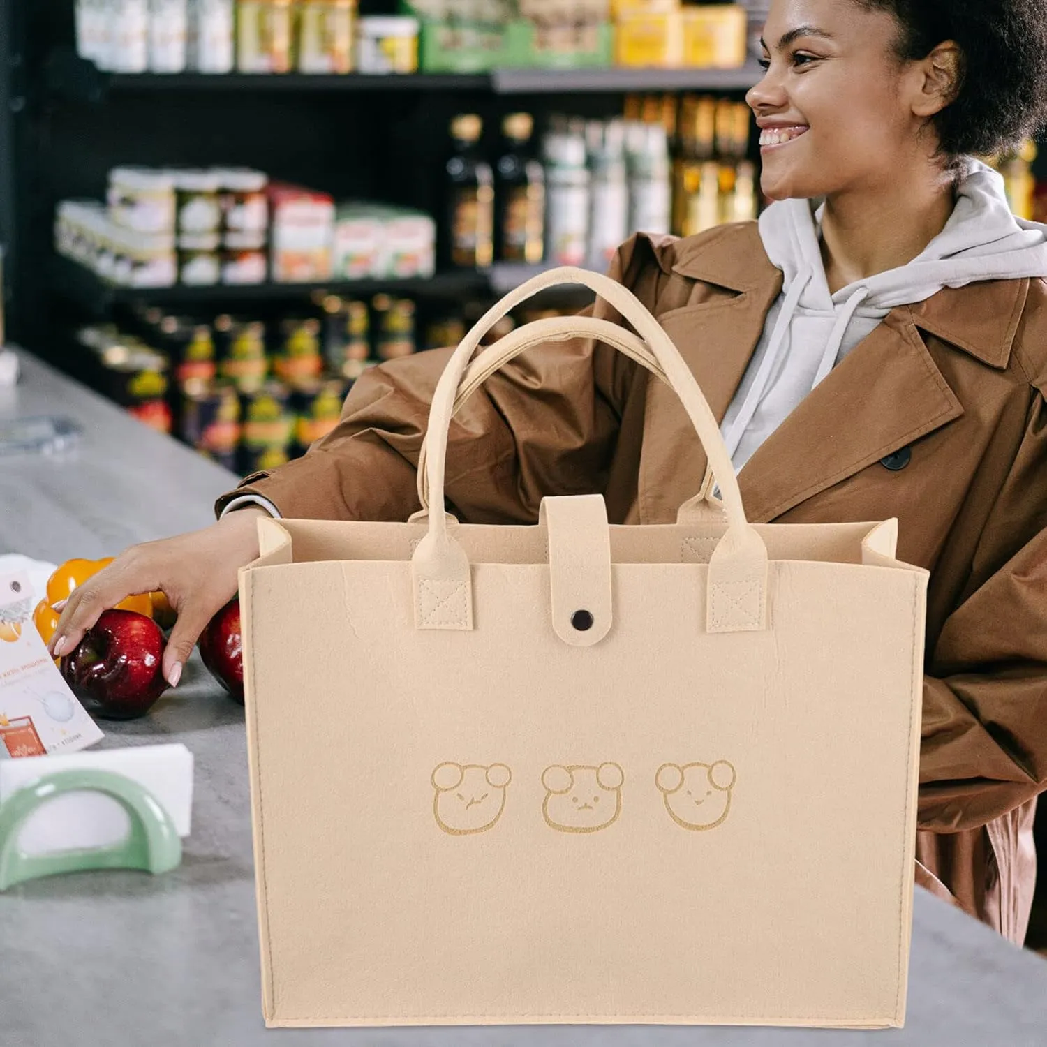 Luxshiny Minimalist Tote Bag Felt Shopping Bags Reusable Grocery Bags Cute Bear Handbag Farmhouse Shoulder Bag Bottle Wine