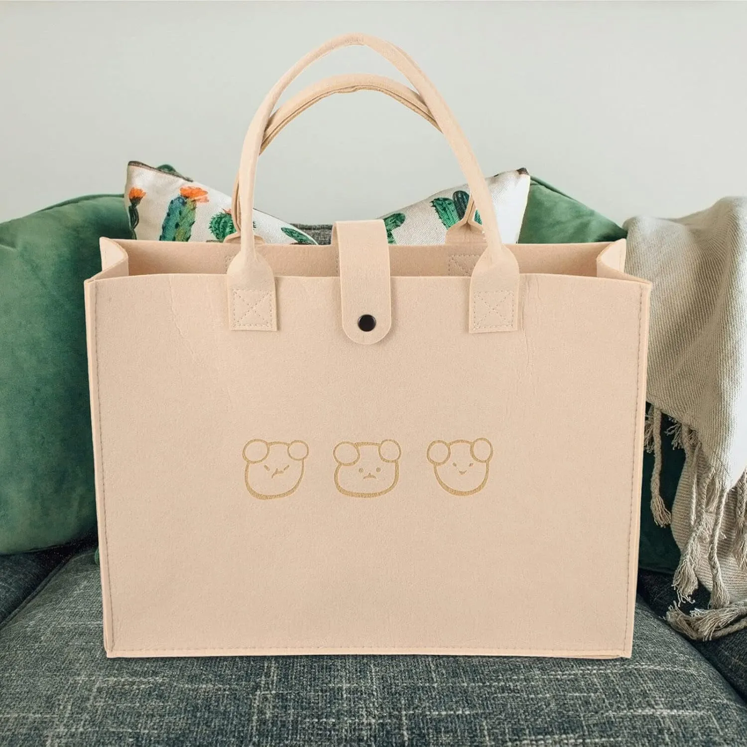 Luxshiny Minimalist Tote Bag Felt Shopping Bags Reusable Grocery Bags Cute Bear Handbag Farmhouse Shoulder Bag Bottle Wine