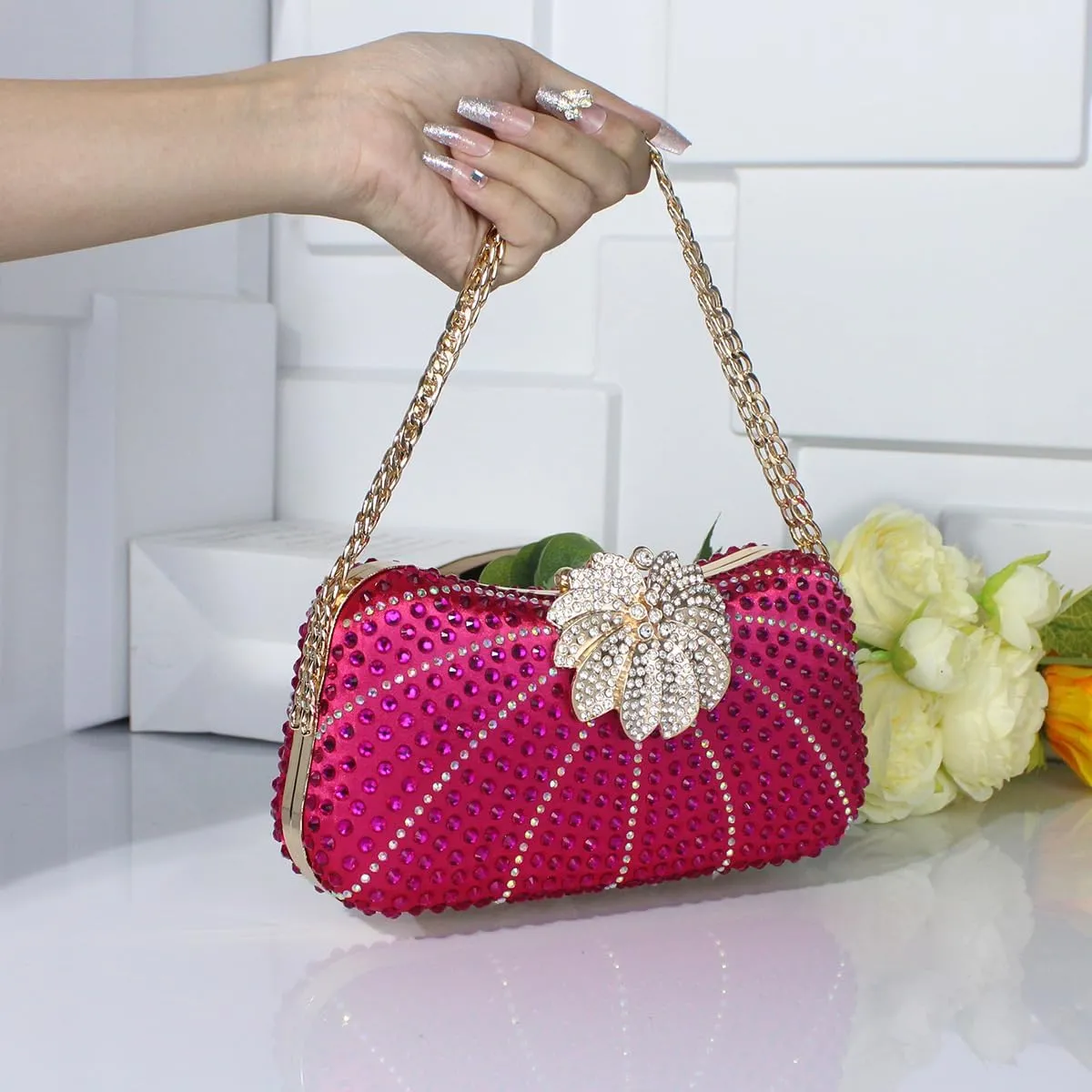 Luxurious Evening Clutch with Fashion Rhinestones and Crystals for Women - Chain Strap Shoulder Bag or Evening Purse