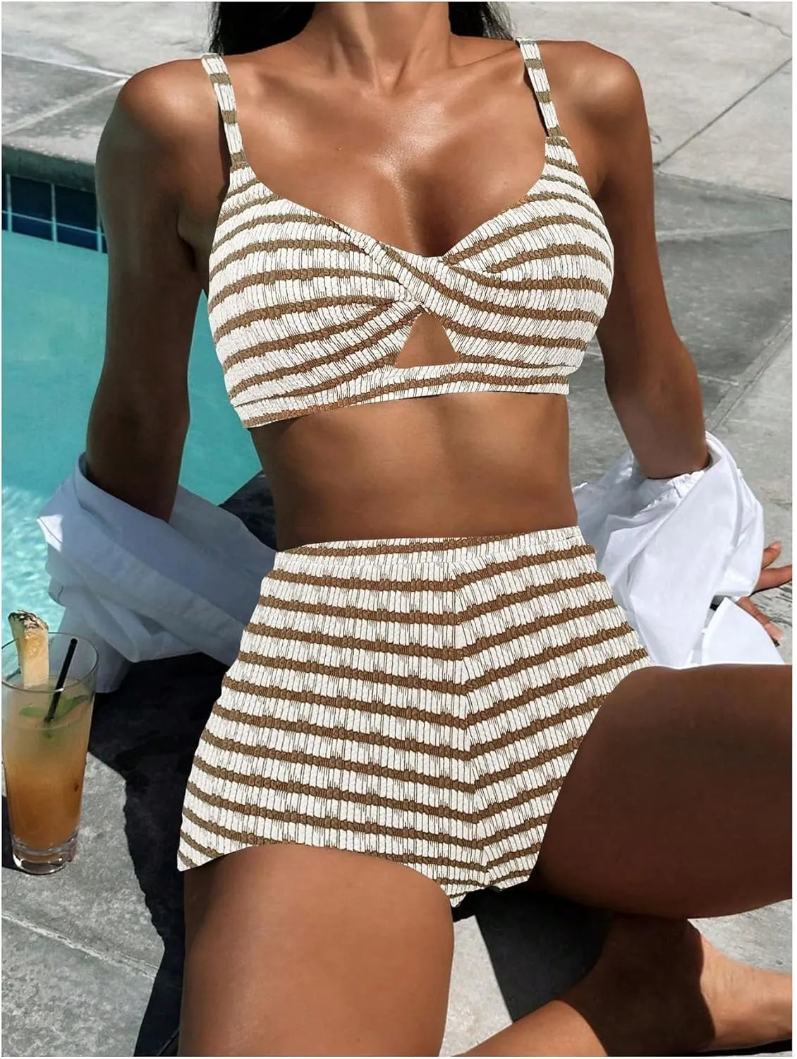 MakeMeChic Women's Striped Bikini Set Twist Front Tummy Control Bathing Suit with Boyshorts