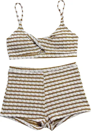 MakeMeChic Women's Striped Bikini Set Twist Front Tummy Control Bathing Suit with Boyshorts
