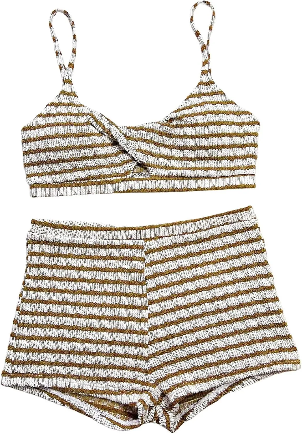MakeMeChic Women's Striped Bikini Set Twist Front Tummy Control Bathing Suit with Boyshorts