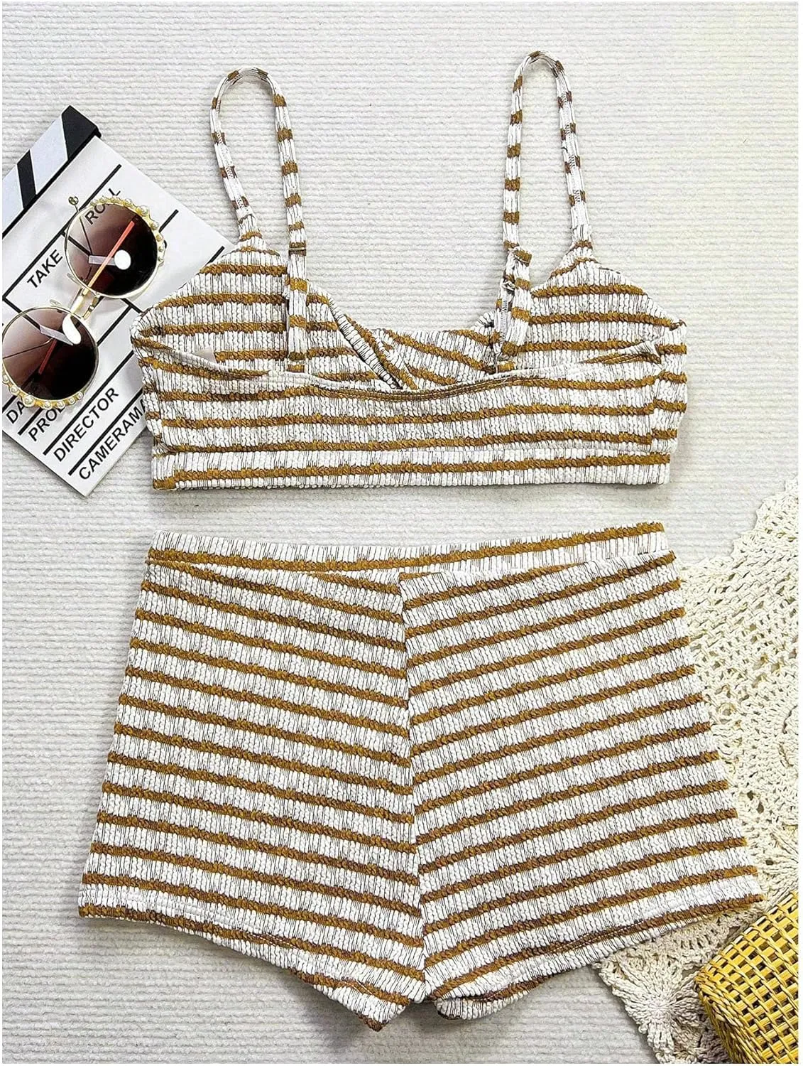 MakeMeChic Women's Striped Bikini Set Twist Front Tummy Control Bathing Suit with Boyshorts
