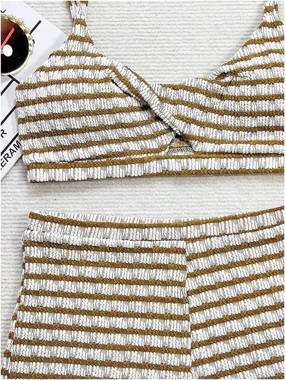 MakeMeChic Women's Striped Bikini Set Twist Front Tummy Control Bathing Suit with Boyshorts