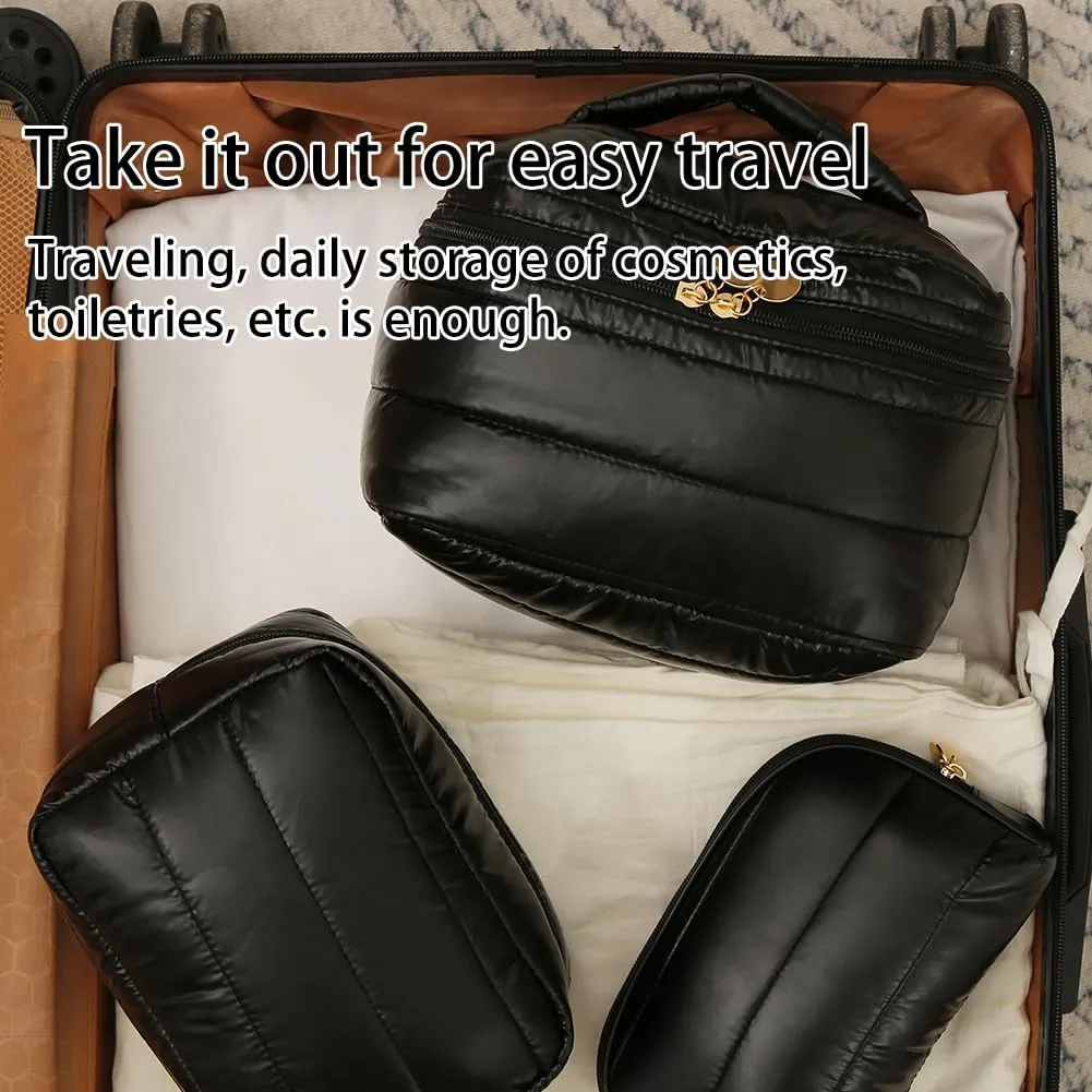 Makeup Bag 3 Pcs Cosmetic Bags Set, PU Striped Leather Toiletry Bag, Portable Waterproof Travel Makeup Organizer, Cute Make up Bags for Women and Girls