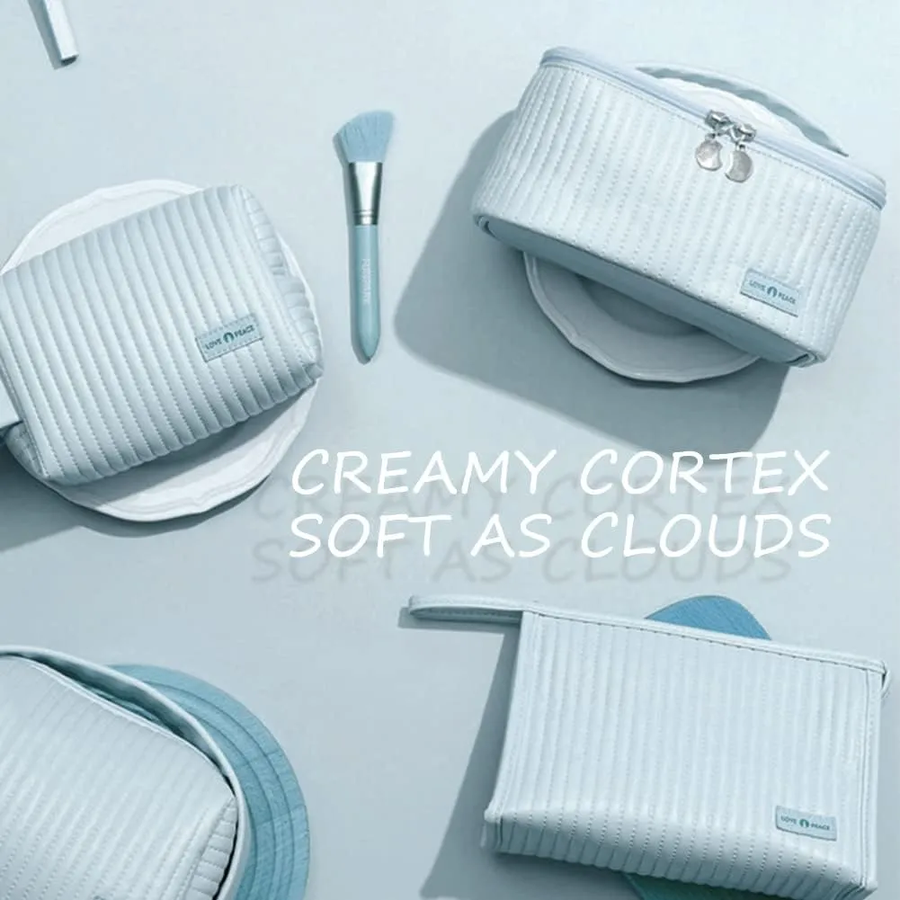 Makeup Bag 3 Pcs Cosmetic Bags Set, PU Striped Leather Toiletry Bag, Portable Waterproof Travel Makeup Organizer, Cute Make up Bags for Women and Girls
