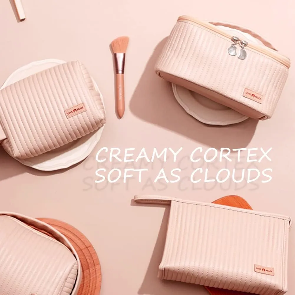 Makeup Bag 3 Pcs Cosmetic Bags Set, PU Striped Leather Toiletry Bag, Portable Waterproof Travel Makeup Organizer, Cute Make up Bags for Women and Girls