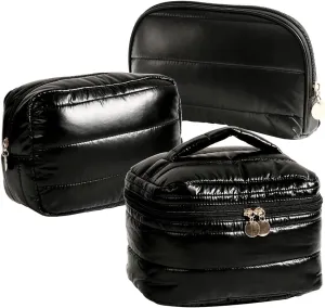 Makeup Bag 3 Pcs Cosmetic Bags Set, PU Striped Leather Toiletry Bag, Portable Waterproof Travel Makeup Organizer, Cute Make up Bags for Women and Girls