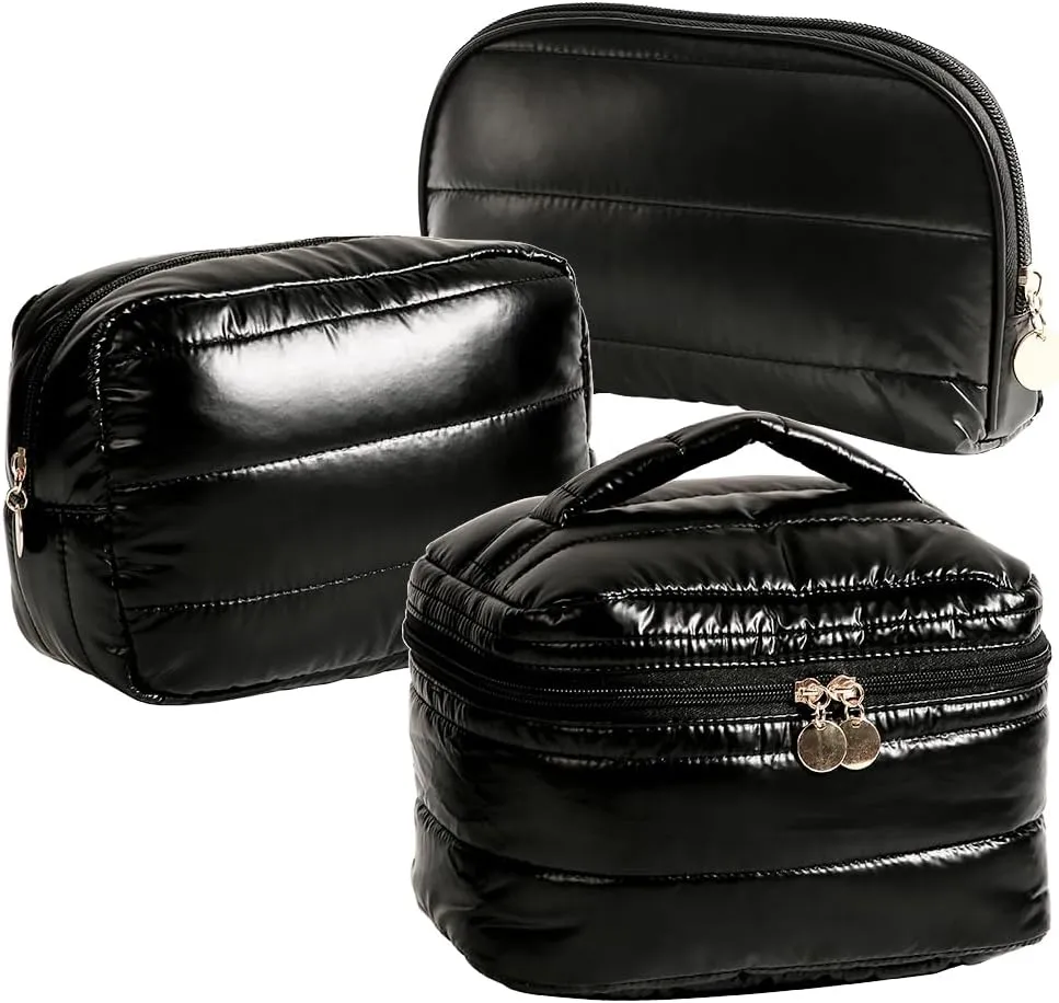 Makeup Bag 3 Pcs Cosmetic Bags Set, PU Striped Leather Toiletry Bag, Portable Waterproof Travel Makeup Organizer, Cute Make up Bags for Women and Girls