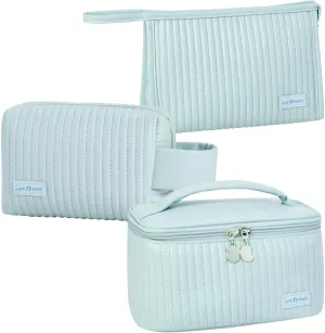 Makeup Bag 3 Pcs Cosmetic Bags Set, PU Striped Leather Toiletry Bag, Portable Waterproof Travel Makeup Organizer, Cute Make up Bags for Women and Girls