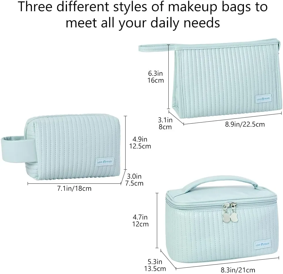 Makeup Bag 3 Pcs Cosmetic Bags Set, PU Striped Leather Toiletry Bag, Portable Waterproof Travel Makeup Organizer, Cute Make up Bags for Women and Girls