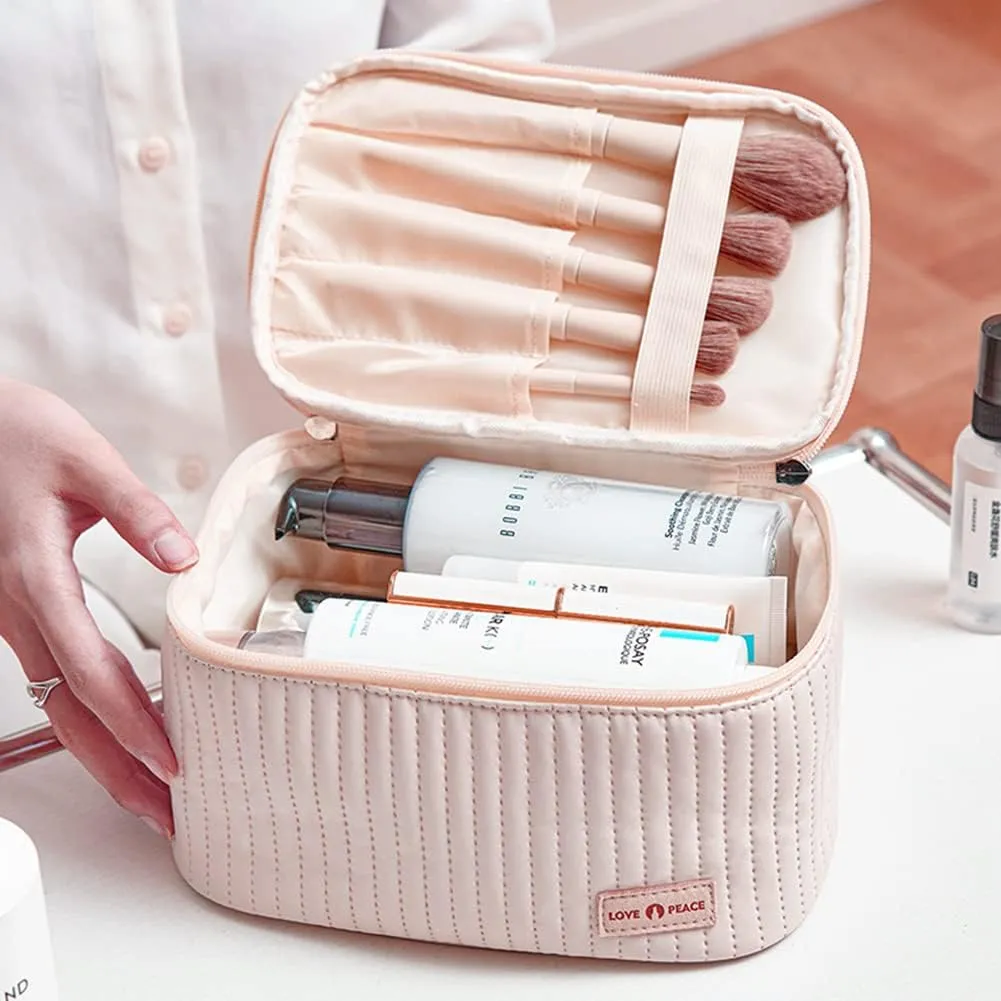 Makeup Bag 3 Pcs Cosmetic Bags Set, PU Striped Leather Toiletry Bag, Portable Waterproof Travel Makeup Organizer, Cute Make up Bags for Women and Girls