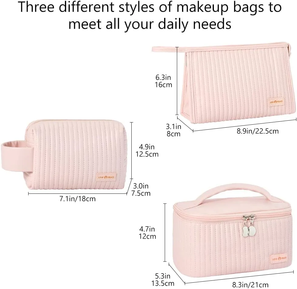 Makeup Bag 3 Pcs Cosmetic Bags Set, PU Striped Leather Toiletry Bag, Portable Waterproof Travel Makeup Organizer, Cute Make up Bags for Women and Girls