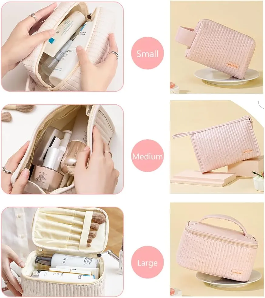 Makeup Bag 3 Pcs Cosmetic Bags Set, PU Striped Leather Toiletry Bag, Portable Waterproof Travel Makeup Organizer, Cute Make up Bags for Women and Girls