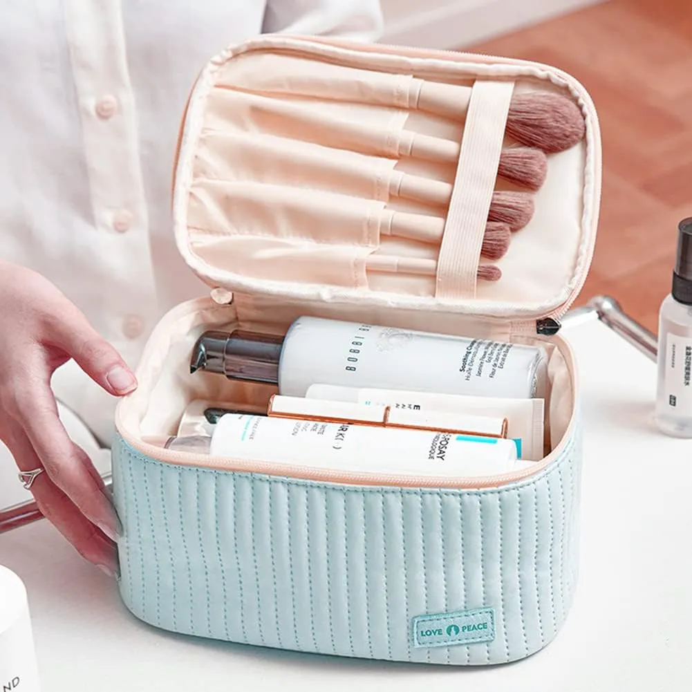 Makeup Bag 3 Pcs Cosmetic Bags Set, PU Striped Leather Toiletry Bag, Portable Waterproof Travel Makeup Organizer, Cute Make up Bags for Women and Girls