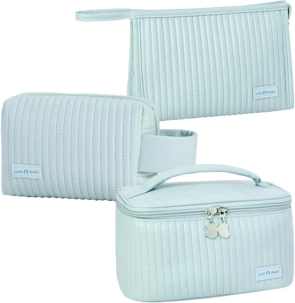 Makeup Bag 3 Pcs Cosmetic Bags Set, PU Striped Leather Toiletry Bag, Portable Waterproof Travel Makeup Organizer, Cute Make up Bags for Women and Girls