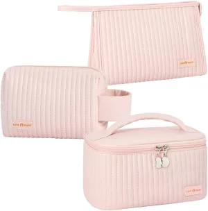 Makeup Bag 3 Pcs Cosmetic Bags Set, PU Striped Leather Toiletry Bag, Portable Waterproof Travel Makeup Organizer, Cute Make up Bags for Women and Girls