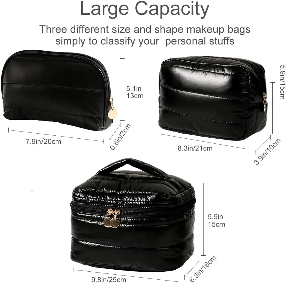 Makeup Bag 3 Pcs Cosmetic Bags Set, PU Striped Leather Toiletry Bag, Portable Waterproof Travel Makeup Organizer, Cute Make up Bags for Women and Girls