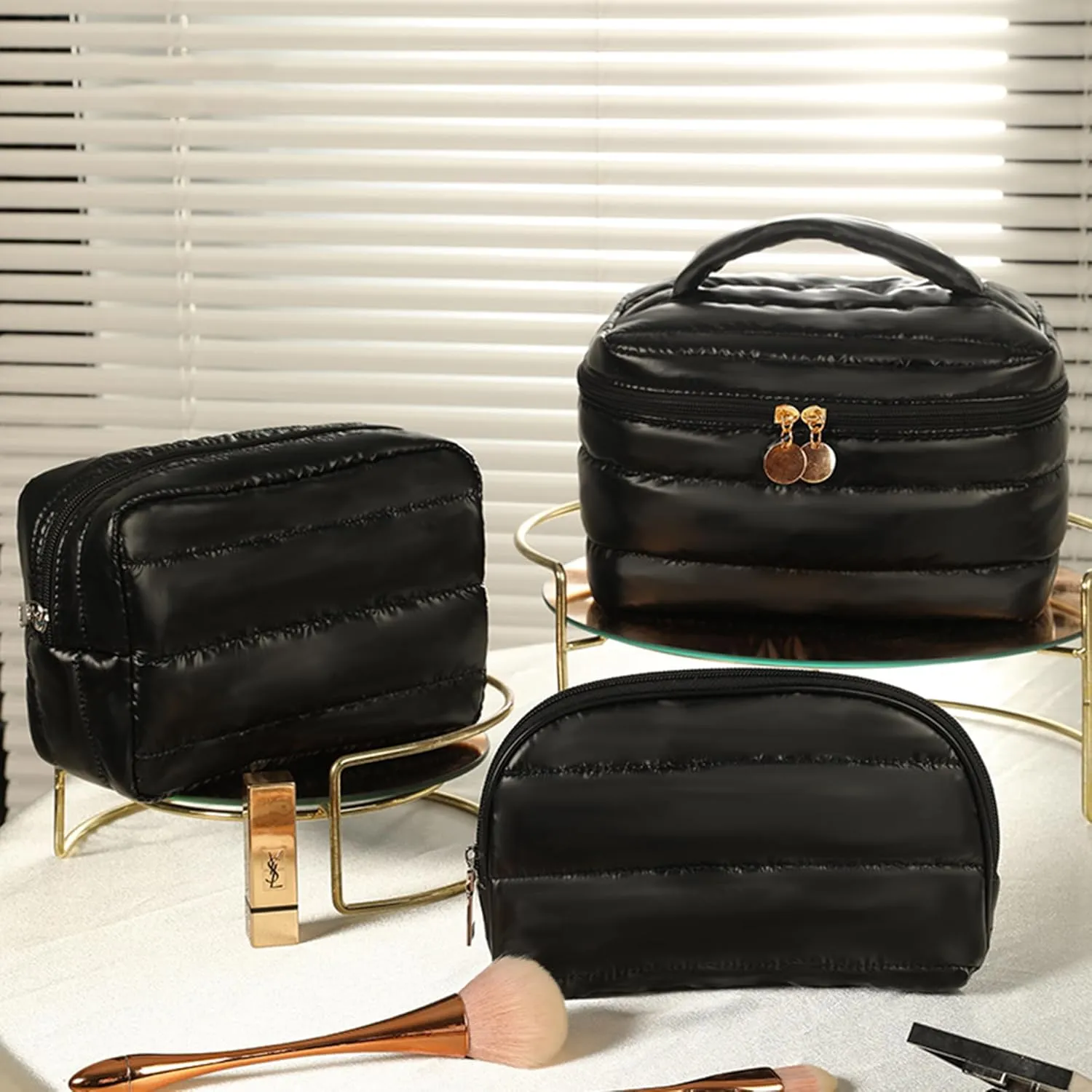 Makeup Bag 3 Pcs Cosmetic Bags Set, PU Striped Leather Toiletry Bag, Portable Waterproof Travel Makeup Organizer, Cute Make up Bags for Women and Girls