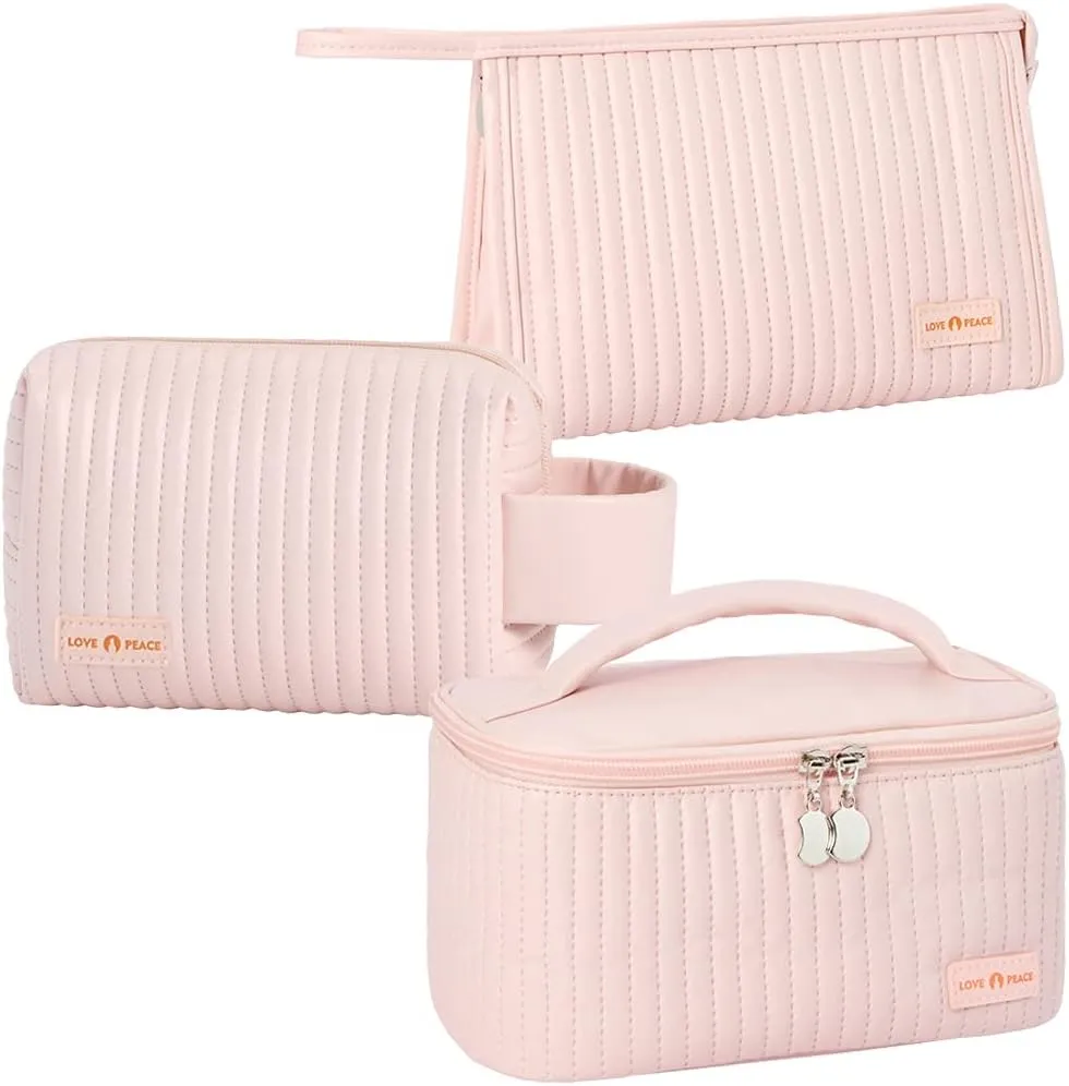 Makeup Bag 3 Pcs Cosmetic Bags Set, PU Striped Leather Toiletry Bag, Portable Waterproof Travel Makeup Organizer, Cute Make up Bags for Women and Girls