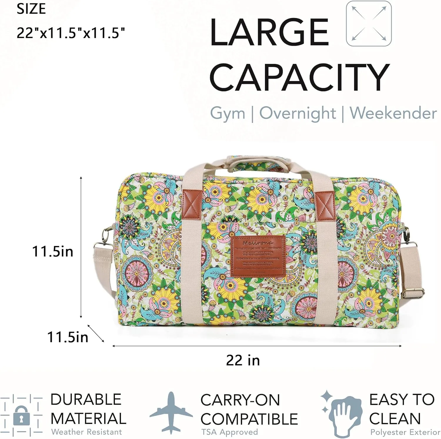 Malirona 22"Canvas Weekender Overnight Bags Travel Duffel Bag Carry On Bag for Women and Girls