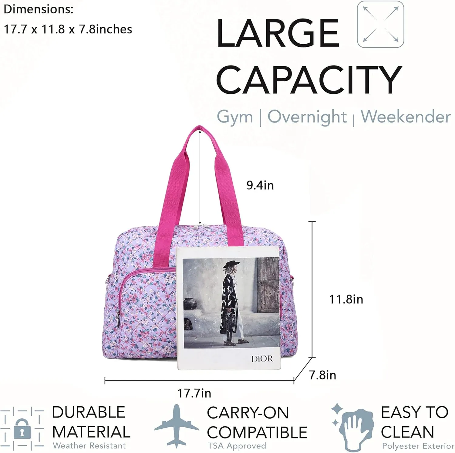 Malirona Foldable Gym Travel Duffel Bag Tote for Spirit Airlines Carry on Bag Carry-on Bag for Travel, Gym, Work, Weekender Overnight for Women and Girls (Light Purple)