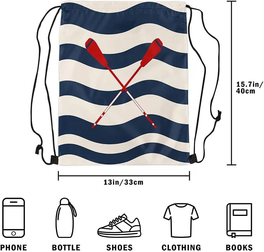Manfei Navy Blue Striped Drawstring Backpack Nautical Lake Oar Sackpack for Beach Swimming Pool Lake House Fishing Boating Lover Draw String Bags Waterproof Sports Gym