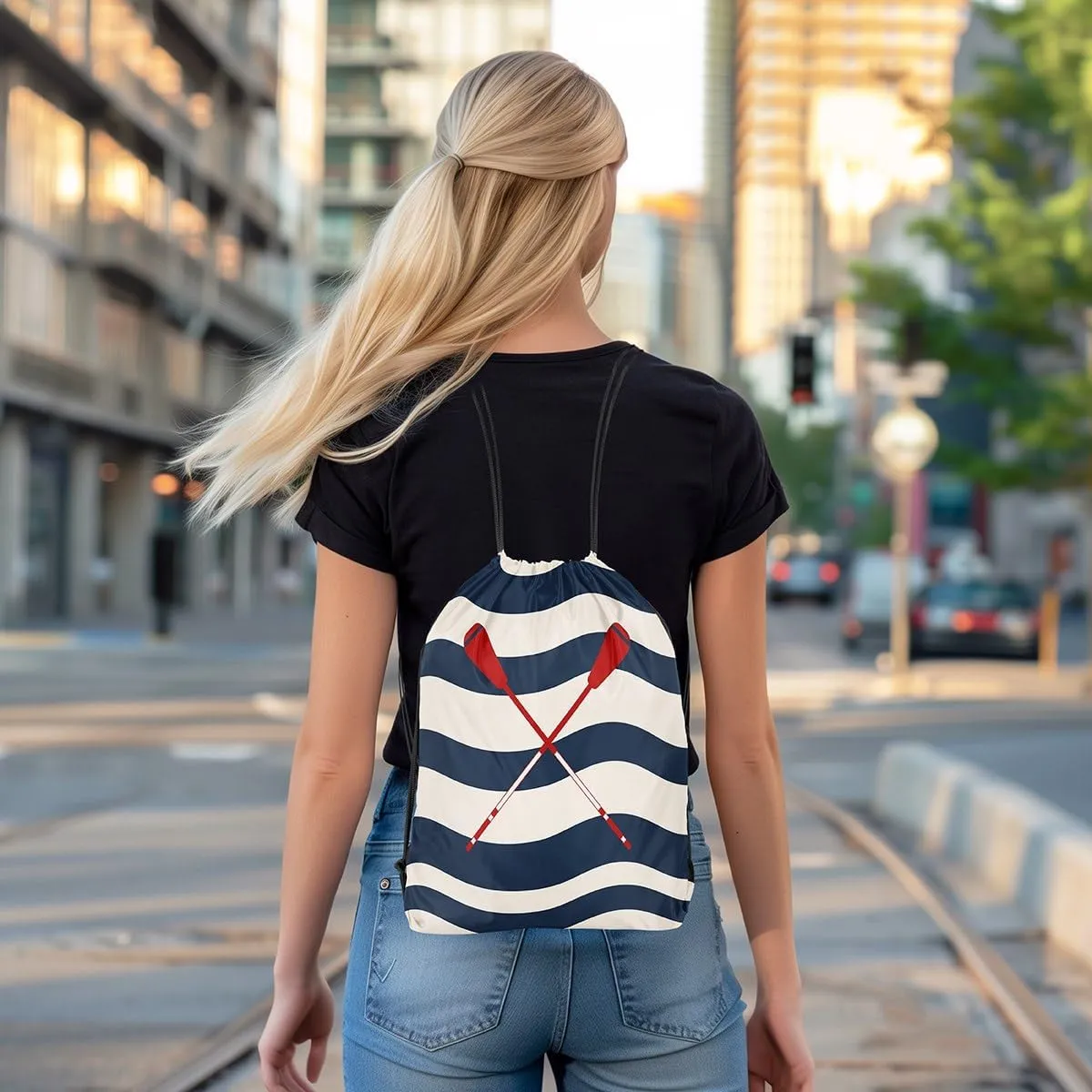Manfei Navy Blue Striped Drawstring Backpack Nautical Lake Oar Sackpack for Beach Swimming Pool Lake House Fishing Boating Lover Draw String Bags Waterproof Sports Gym