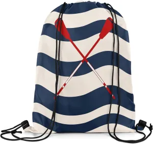 Manfei Navy Blue Striped Drawstring Backpack Nautical Lake Oar Sackpack for Beach Swimming Pool Lake House Fishing Boating Lover Draw String Bags Waterproof Sports Gym