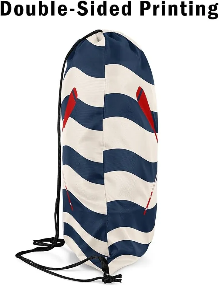 Manfei Navy Blue Striped Drawstring Backpack Nautical Lake Oar Sackpack for Beach Swimming Pool Lake House Fishing Boating Lover Draw String Bags Waterproof Sports Gym