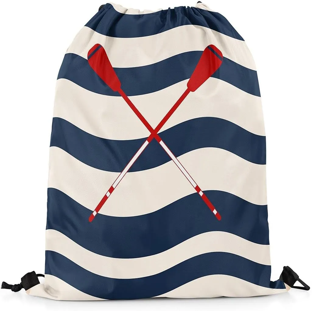 Manfei Navy Blue Striped Drawstring Backpack Nautical Lake Oar Sackpack for Beach Swimming Pool Lake House Fishing Boating Lover Draw String Bags Waterproof Sports Gym