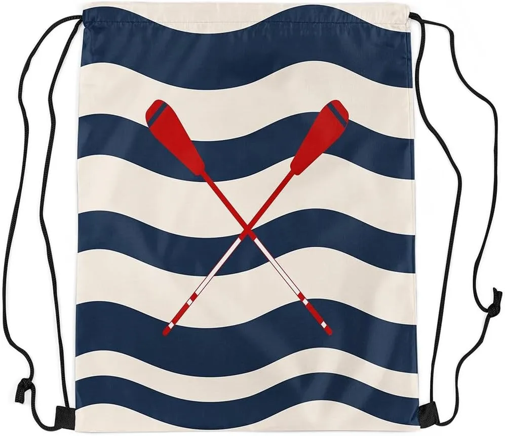 Manfei Navy Blue Striped Drawstring Backpack Nautical Lake Oar Sackpack for Beach Swimming Pool Lake House Fishing Boating Lover Draw String Bags Waterproof Sports Gym