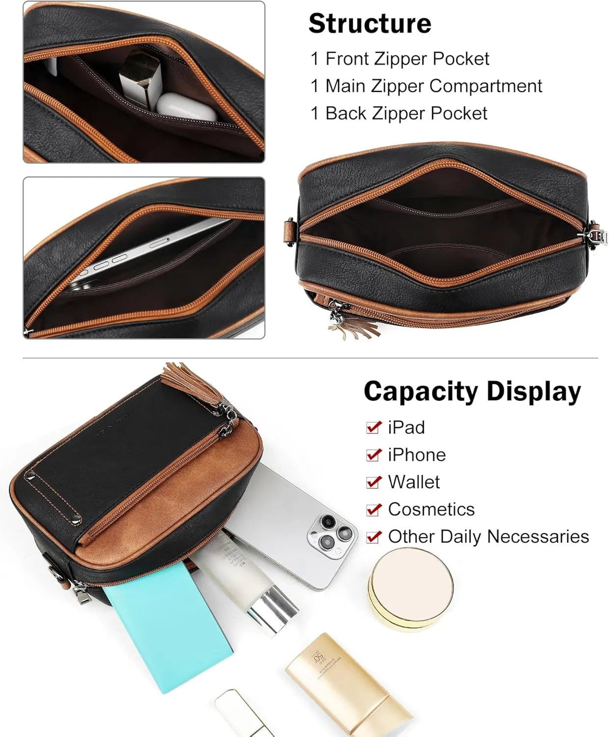 MASINTOR Crossbody Bags for Women Vegan Leather, Trendy Shoulder Purse with Adjustable Strap and Tassel
