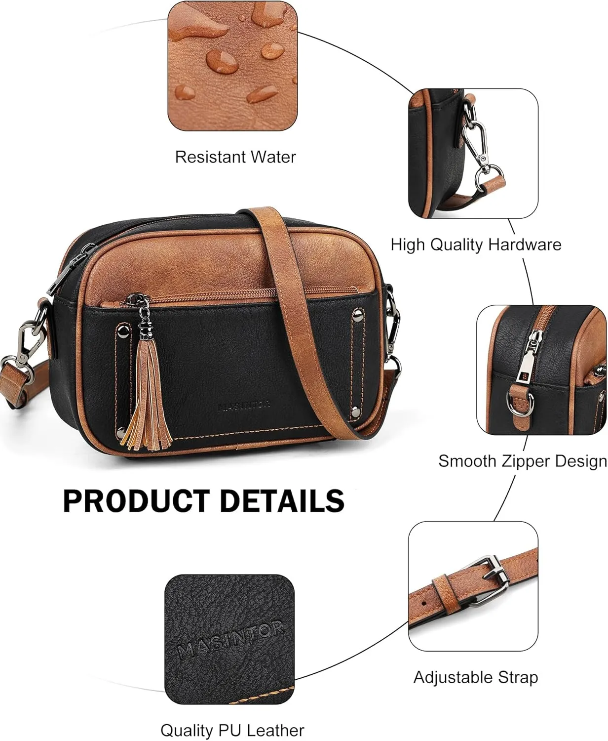MASINTOR Crossbody Bags for Women Vegan Leather, Trendy Shoulder Purse with Adjustable Strap and Tassel