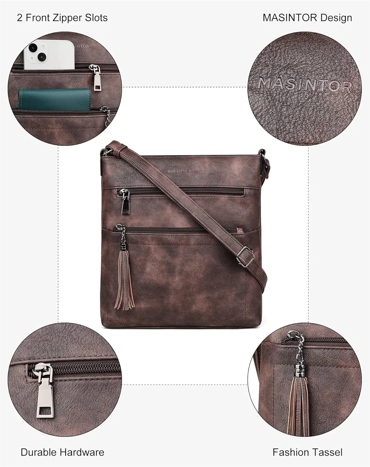 MASINTOR Crossbody Purses for Women, Multi Pocket Casual Crossbody Bag, Adjustable Strap Shoulder Bag with Tassel
