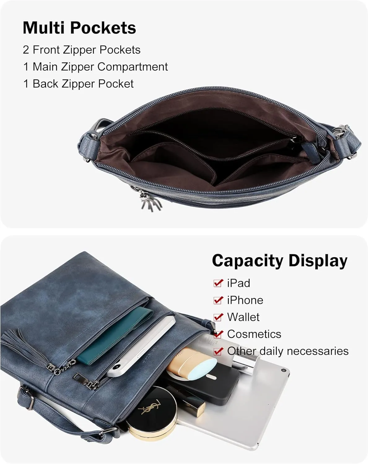 MASINTOR Crossbody Purses for Women, Multi Pocket Casual Crossbody Bag, Adjustable Strap Shoulder Bag with Tassel