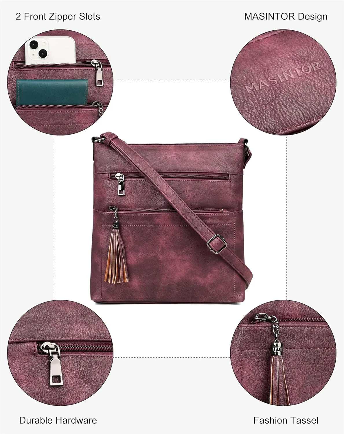 MASINTOR Crossbody Purses for Women, Multi Pocket Casual Crossbody Bag, Adjustable Strap Shoulder Bag with Tassel