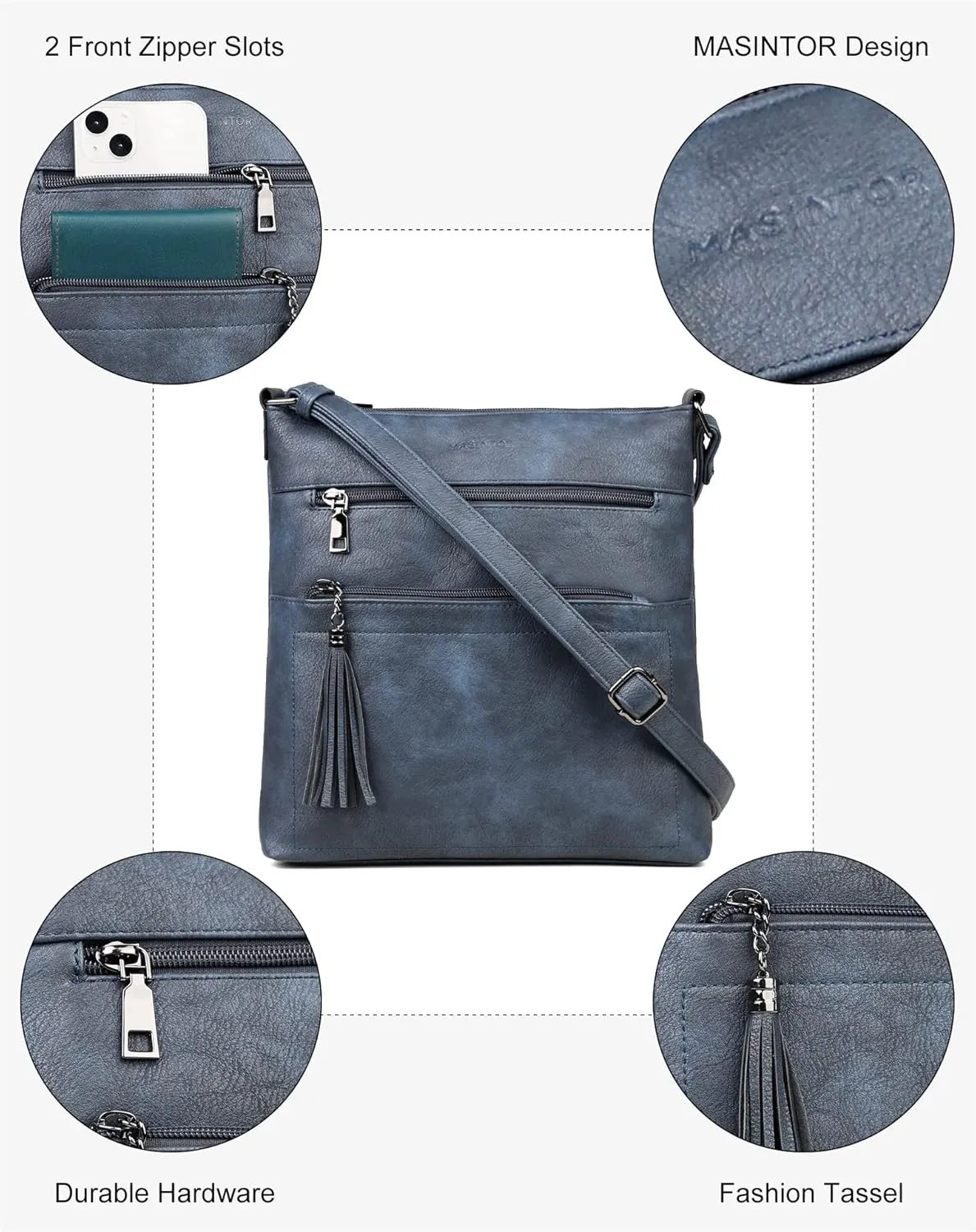 MASINTOR Crossbody Purses for Women, Multi Pocket Casual Crossbody Bag, Adjustable Strap Shoulder Bag with Tassel