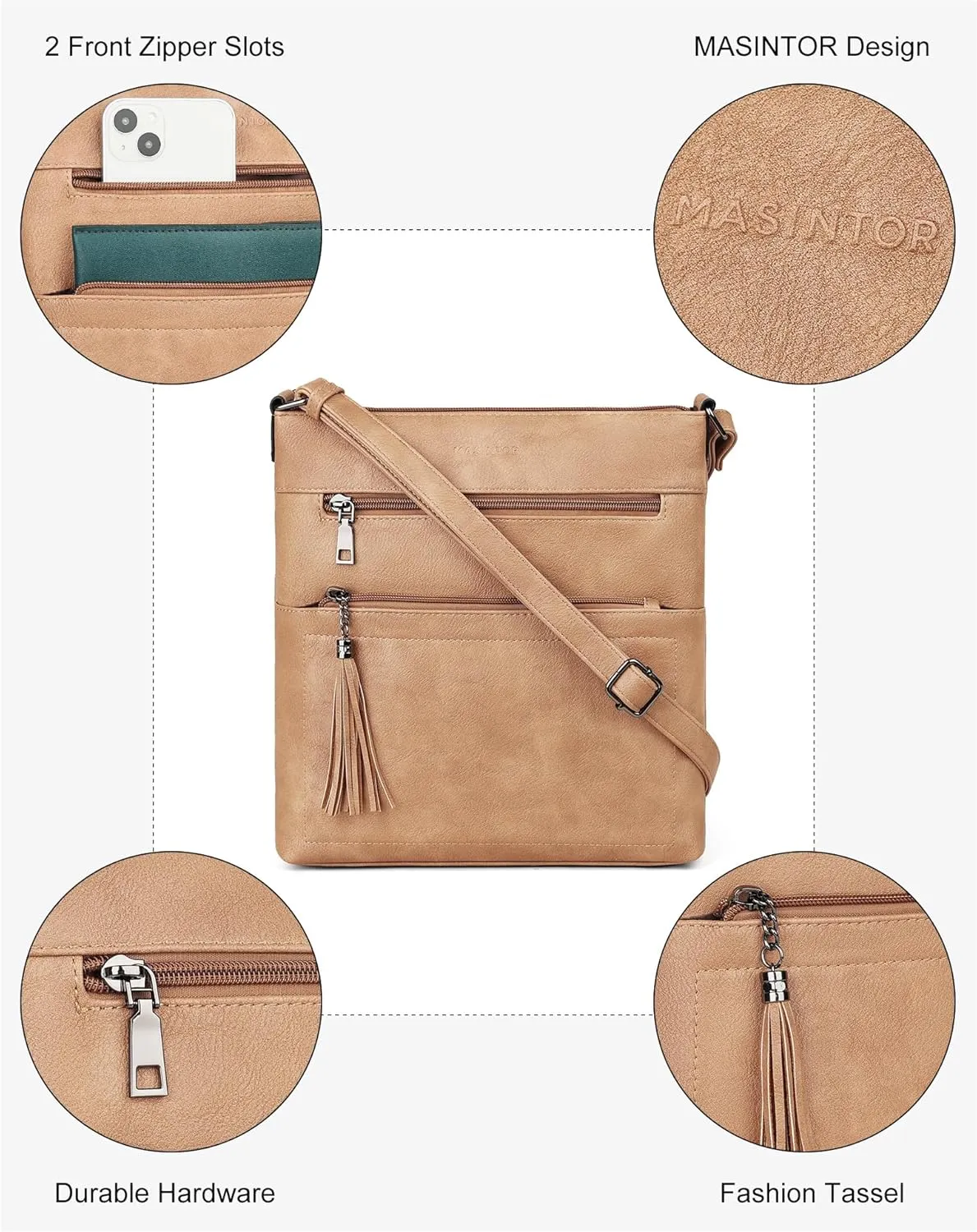 MASINTOR Crossbody Purses for Women, Multi Pocket Casual Crossbody Bag, Adjustable Strap Shoulder Bag with Tassel