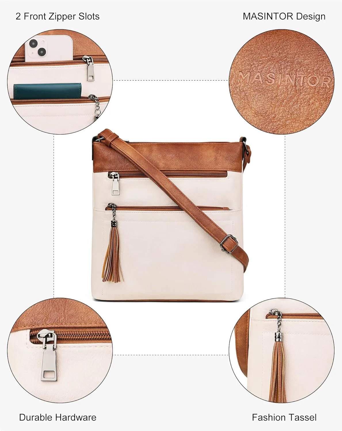 MASINTOR Crossbody Purses for Women, Multi Pocket Casual Crossbody Bag, Adjustable Strap Shoulder Bag with Tassel