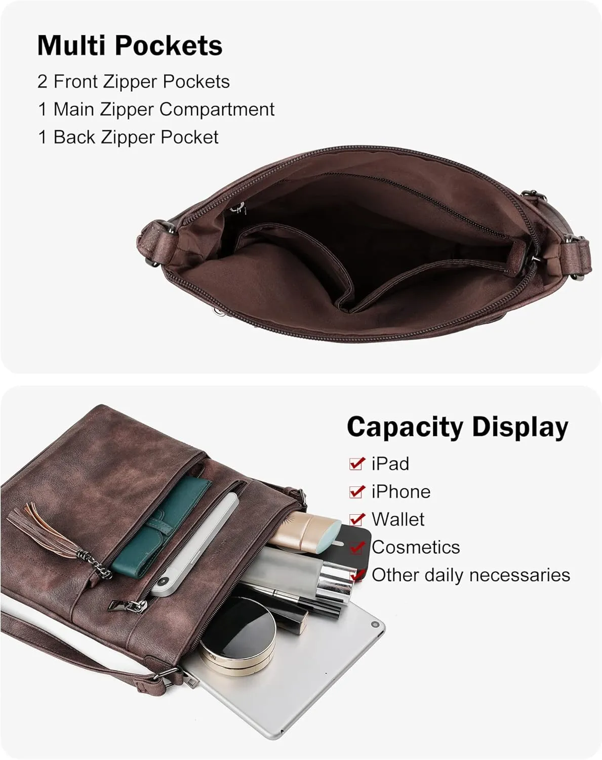 MASINTOR Crossbody Purses for Women, Multi Pocket Casual Crossbody Bag, Adjustable Strap Shoulder Bag with Tassel